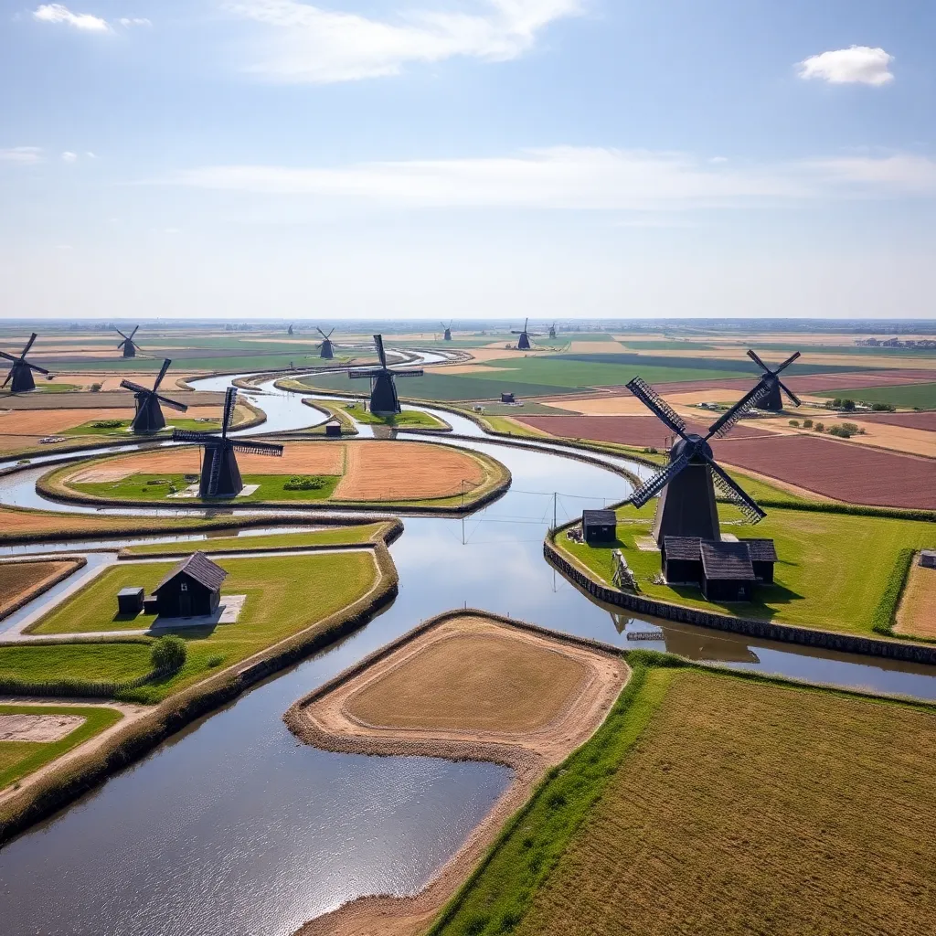 Historisch beeld van een Nederlands polderlandschap met windmolens en waterwerken